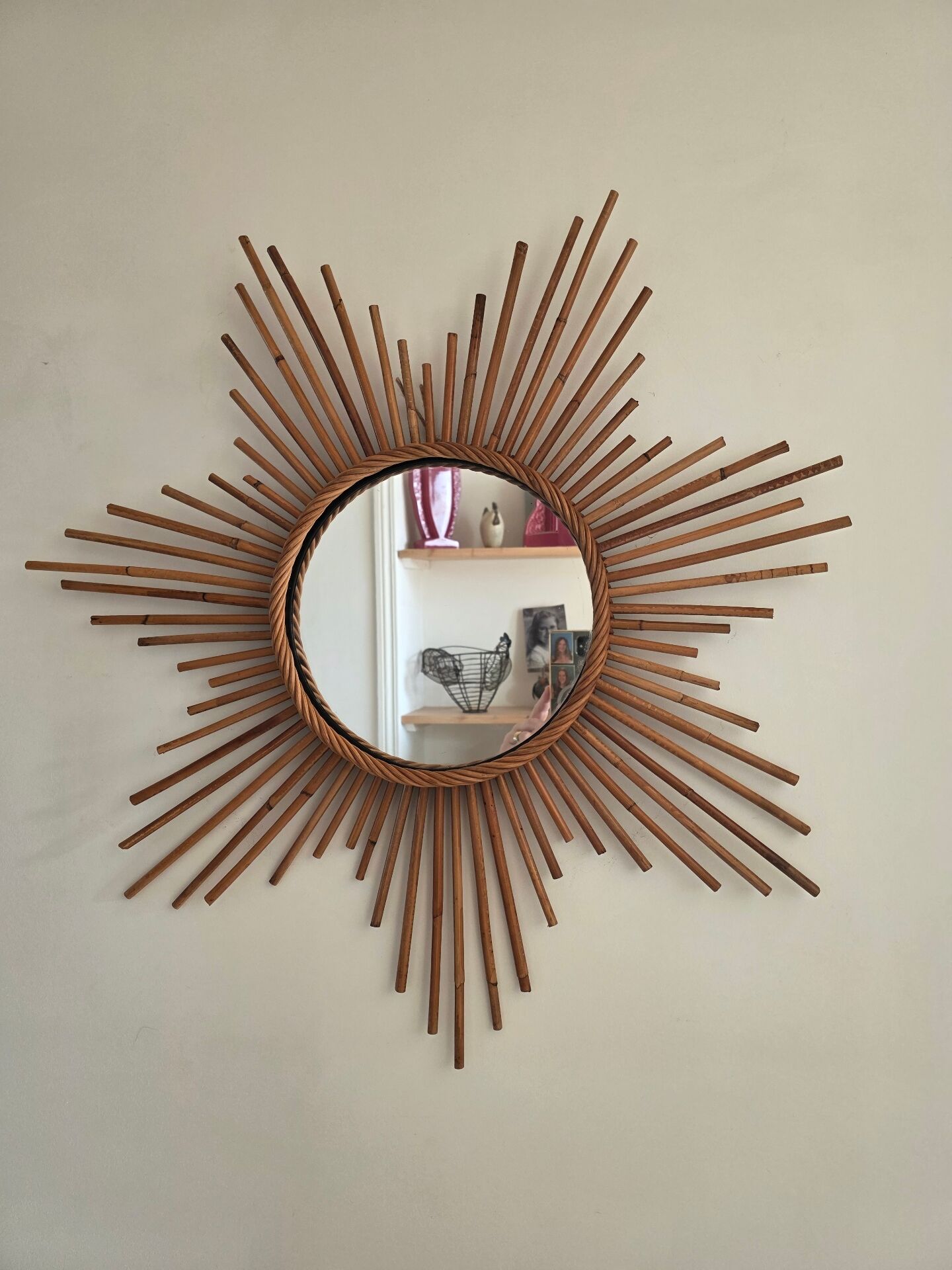 Vintage XL rattan sun mirror