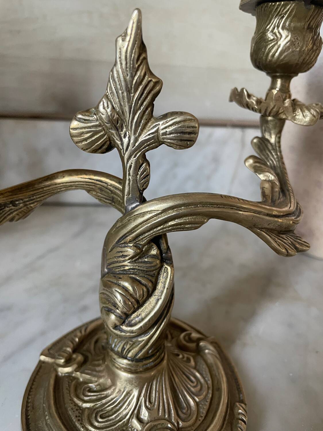 Pair of rocaille candlesticks in gilded bronze