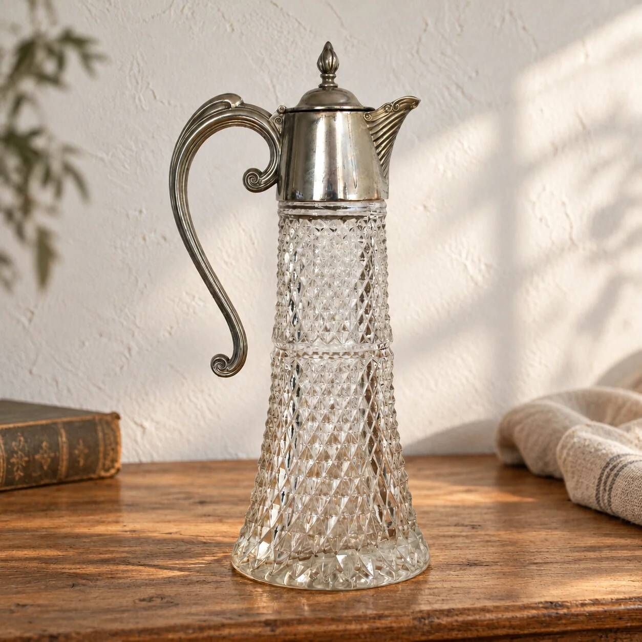 Large antique cut glass and silver-plated jug – English manufacture – 32 cm