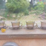 4 smoked glass cups and saucers from Arcoroc 1970