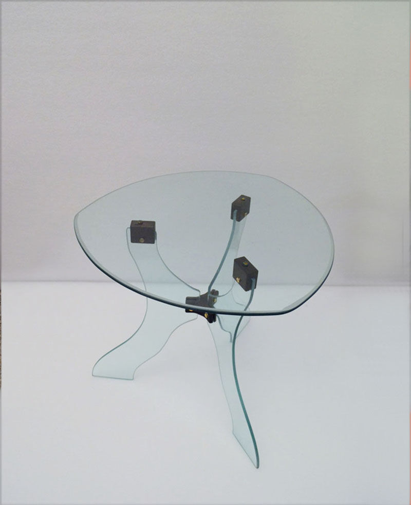 Table basse en cristal biseauté avec joints en bois années 1950