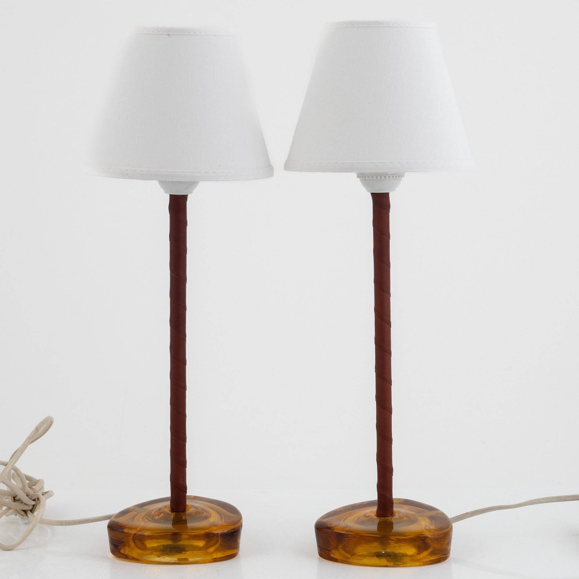 Nybro Armaturfabrik, desk lamps, brass, amber glass, Sweden, 1960s
