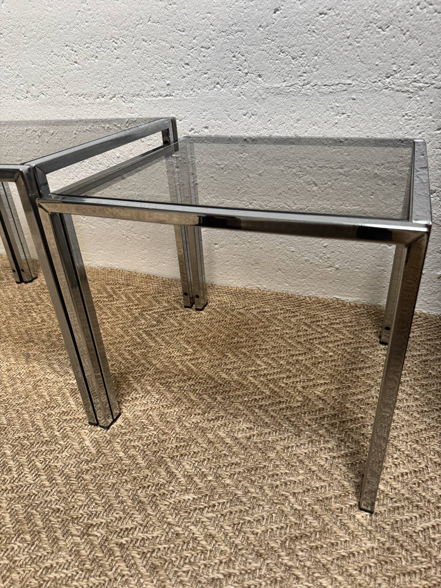 Set of 3 vintage nesting tables – Chrome metal & smoked glass