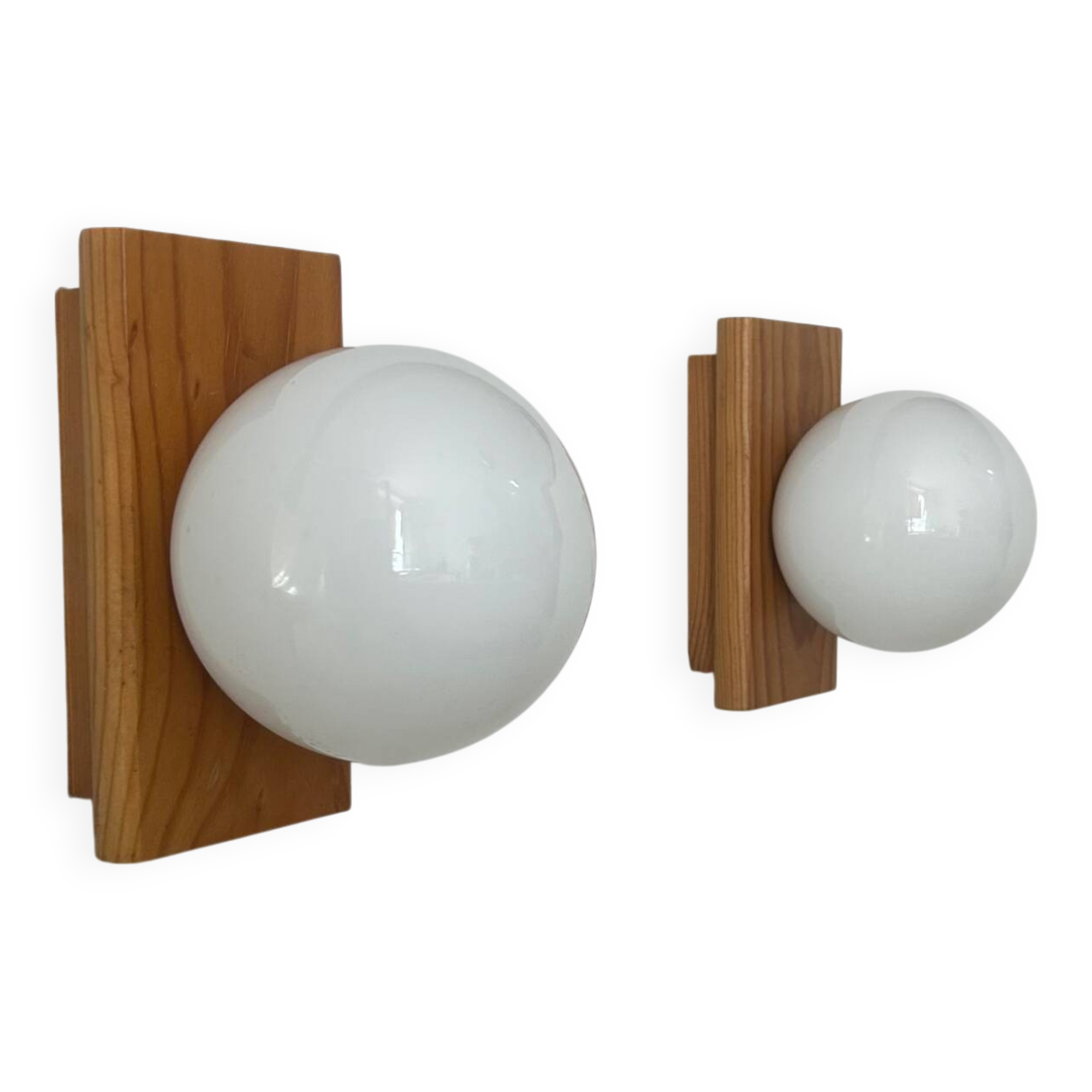 Pair of vintage wall lights, pine and opaline, France 1970