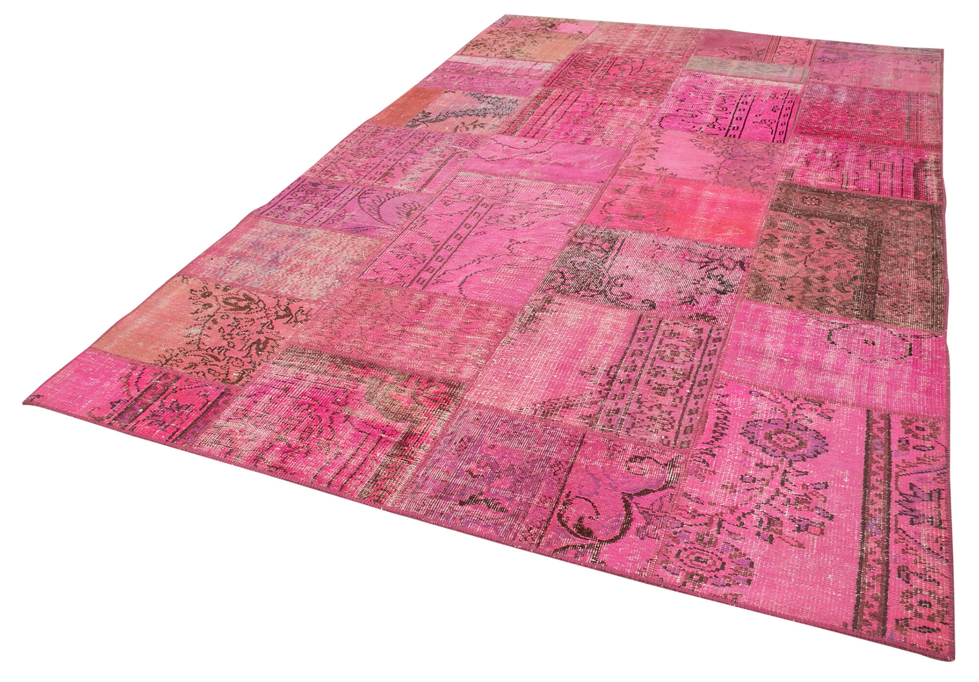 Handwoven turkish contemporary 208 cm x 314 cm pink patchwork carpet