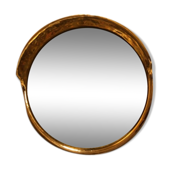 Miroir rond  bombé en laiton doré vintage