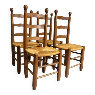 série de 4 chaises en chêne et paille, 1950