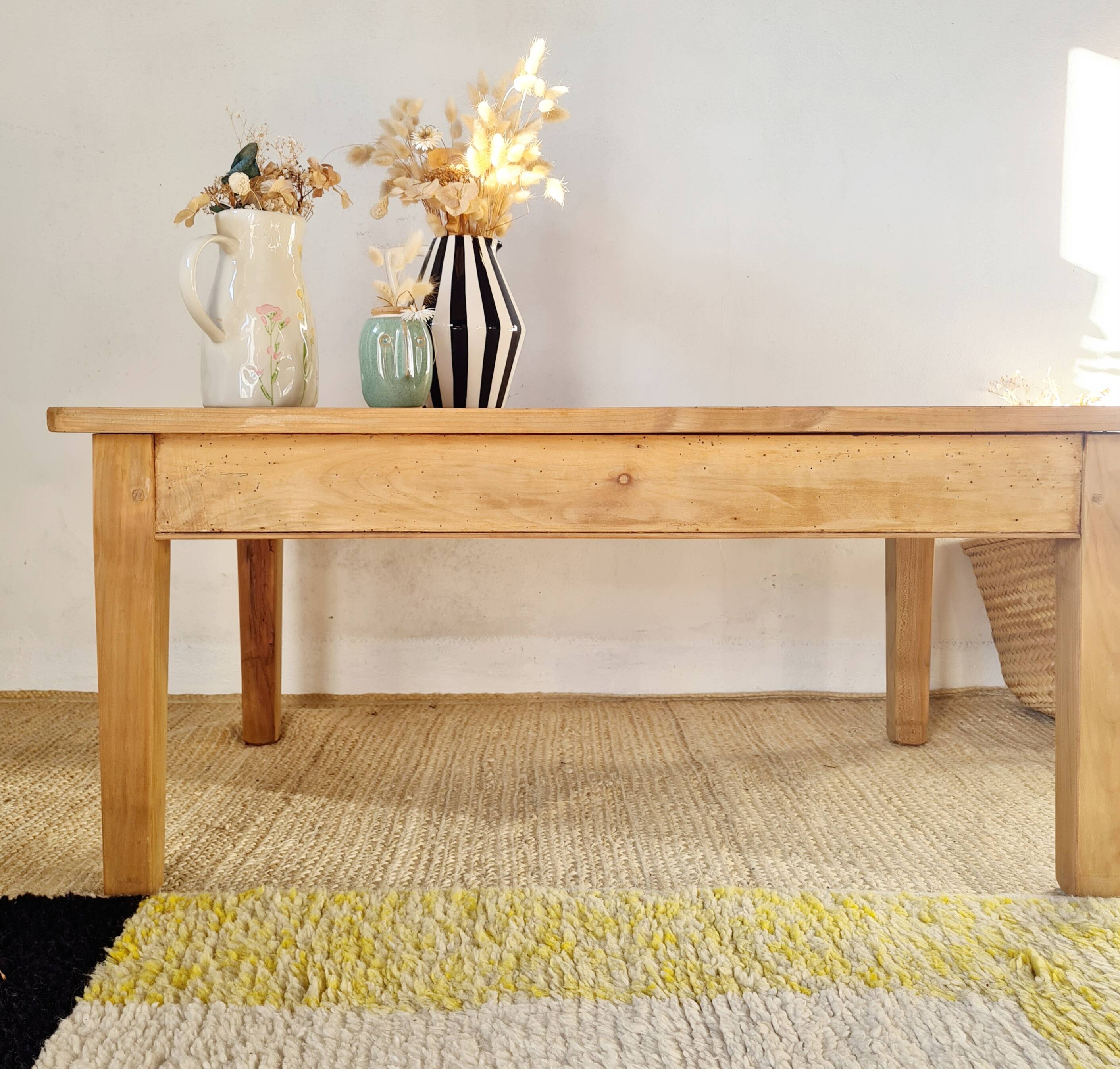 Antique wooden low farmhouse table and drawer