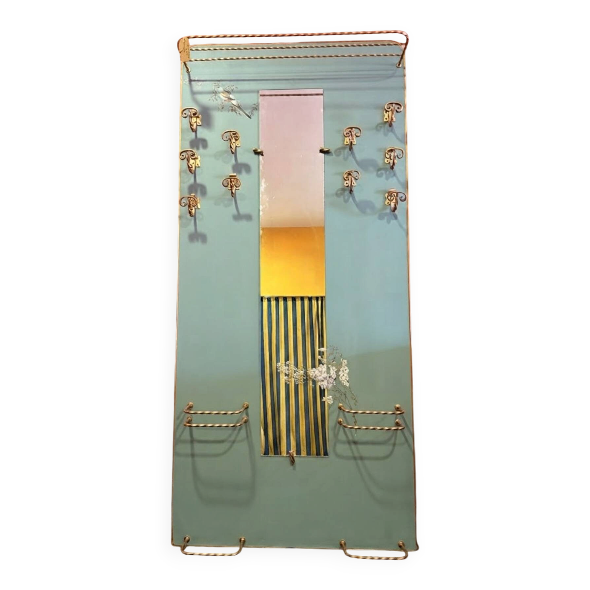 Large vintage entrance wardrobe, wall-mounted coat rack with mirror and p