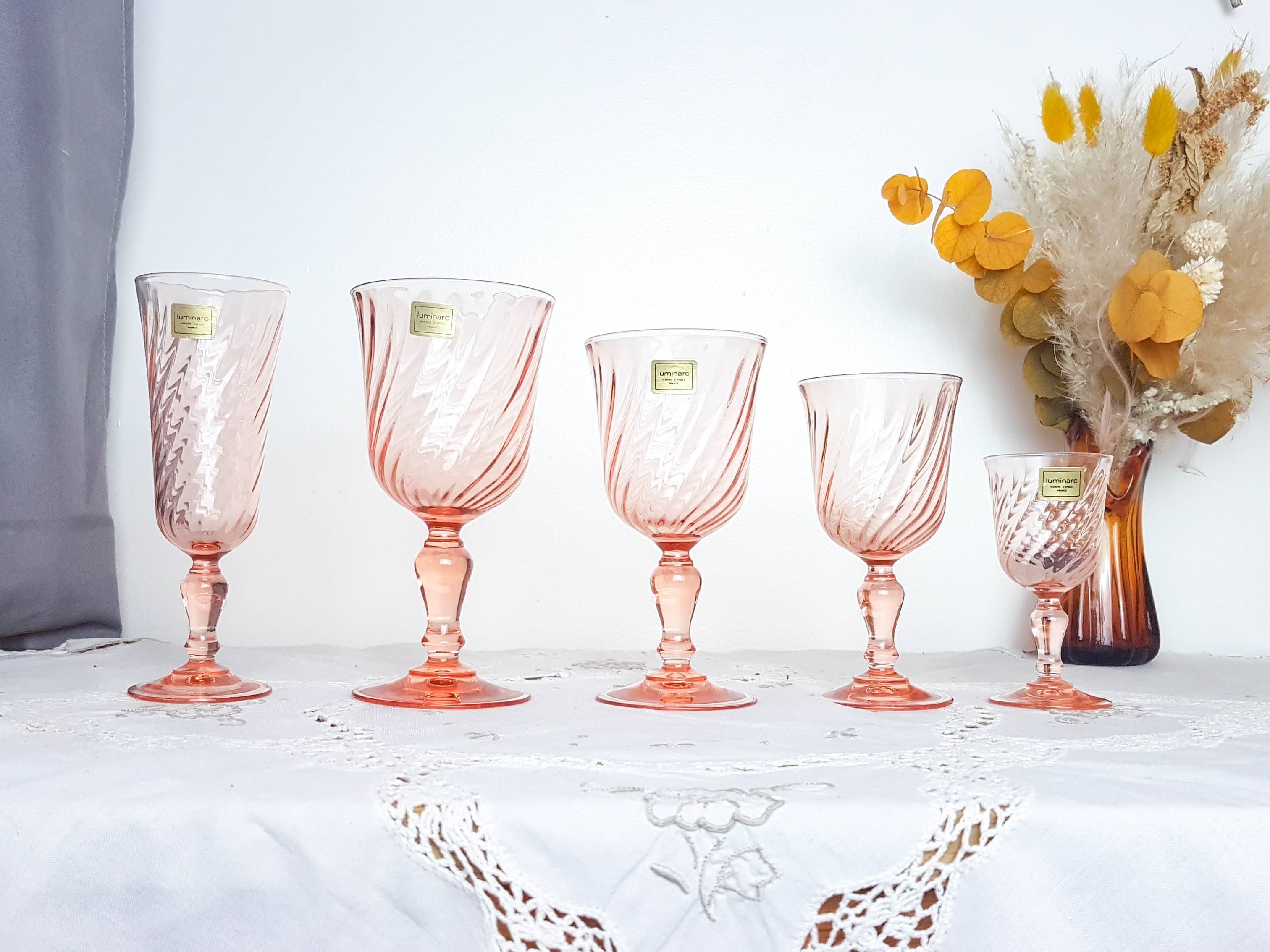 6 vintage white wine glasses in pink Rosaline Arcoroc Luminarc glass 10 cl