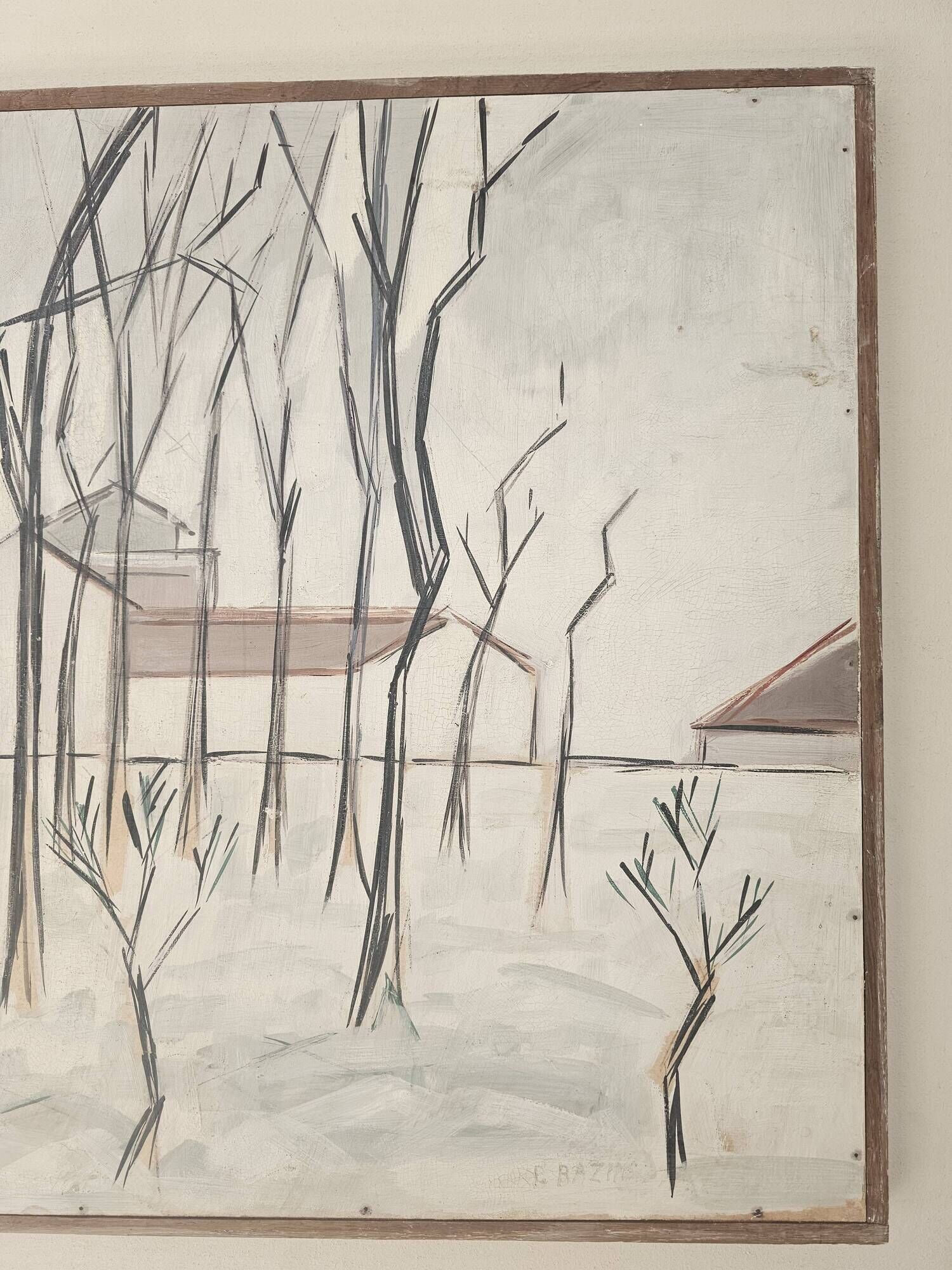 Oil painting on panel Winter landscape with snow Signed Bazin