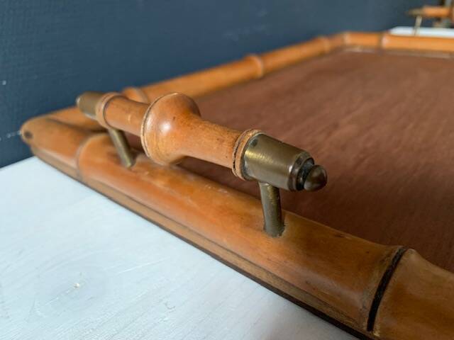 Old serving tray in faux bamboo and brass, 19th century