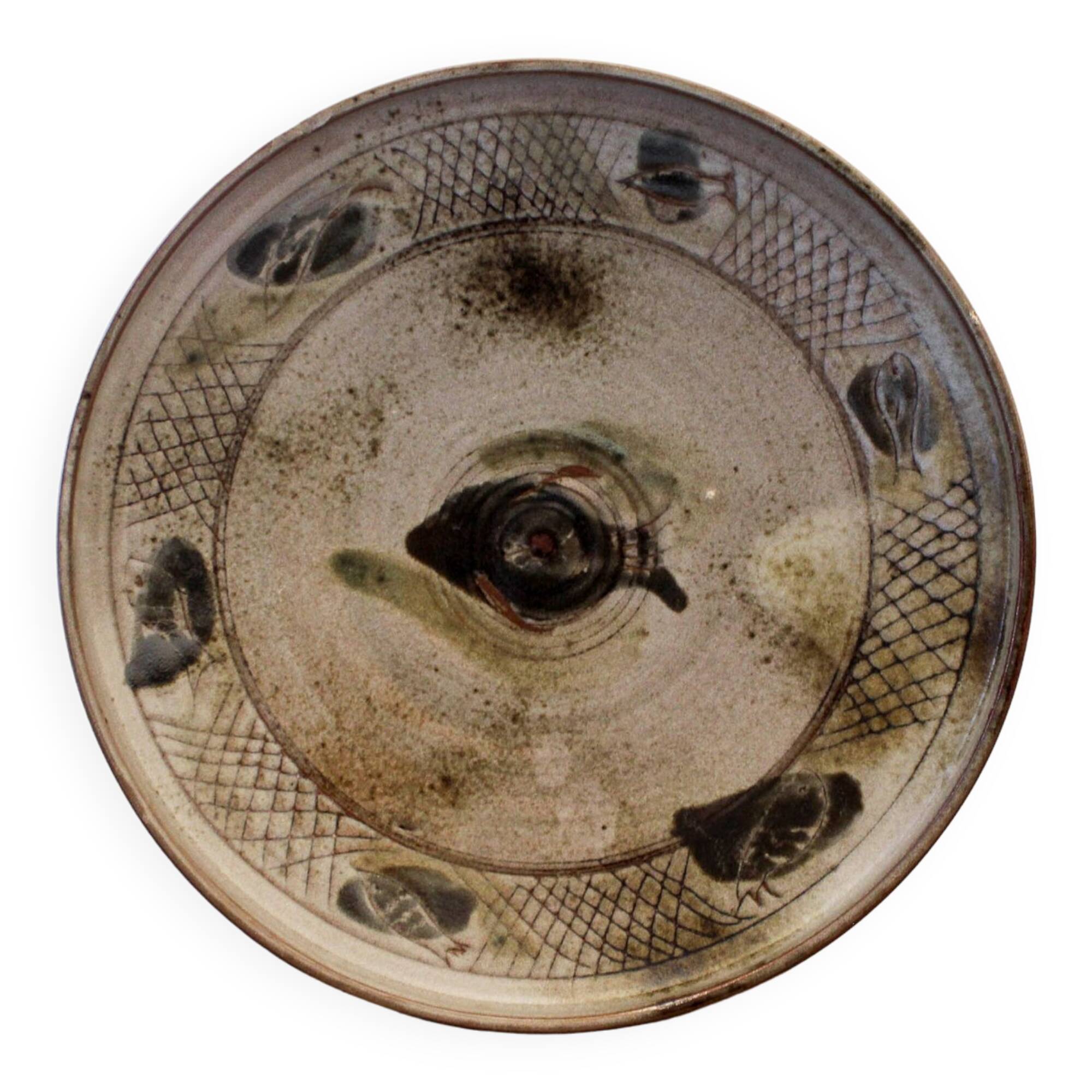 Plat en grès émaillé à décor de poisson Chantal et Thierry Robert