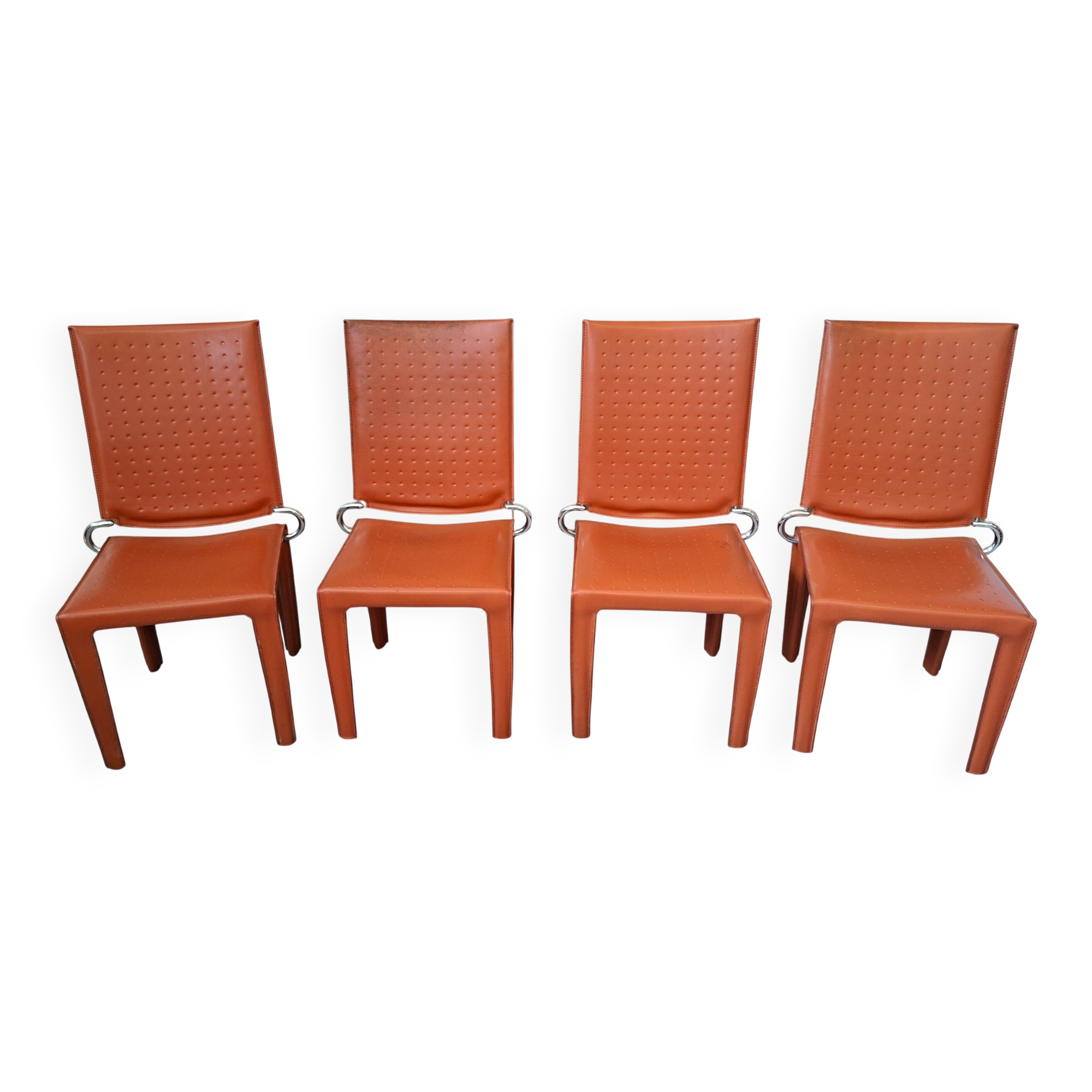 Set di 4 Sedie Design in Cuoio Arancione e Ferro Vintage