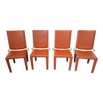 Set di 4 Sedie Design in Cuoio Arancione e Ferro Vintage