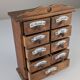 Cabinet à épices en bois rustique espagnol avec étiquettes en céramique, années 1930