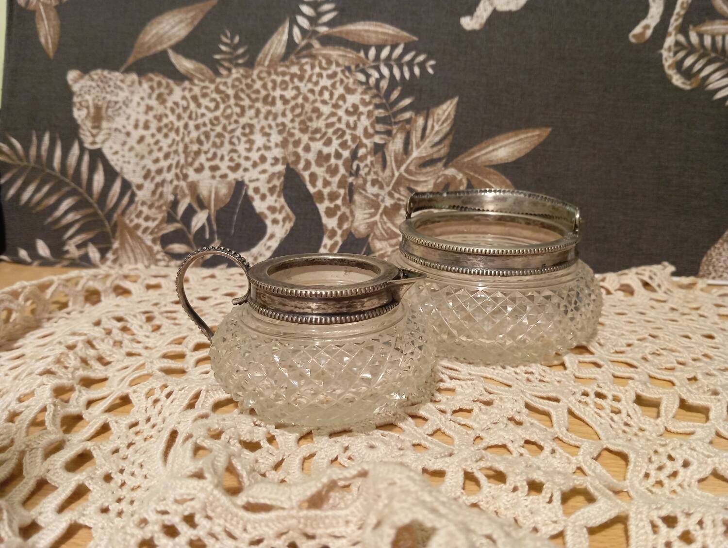 Creamer and jam maker in diamond-point crystal and silver rim, circa 1930