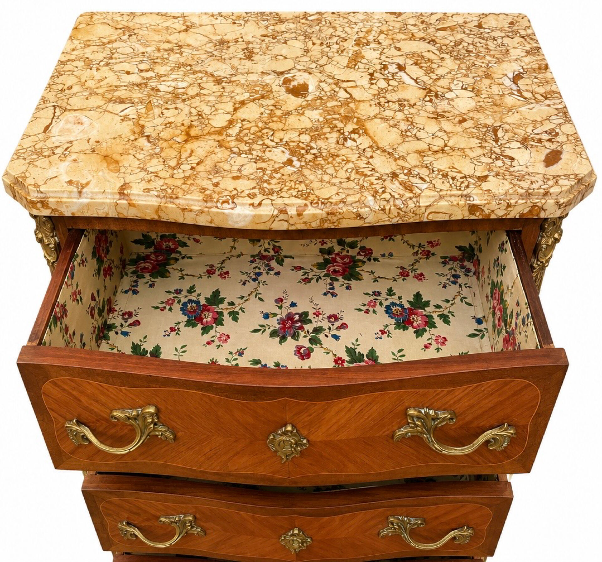 Louis XV style chest of drawers, Rosewood veneer and marquetry.