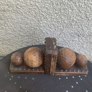 Pair of vintage carved wood and metal ball bookends