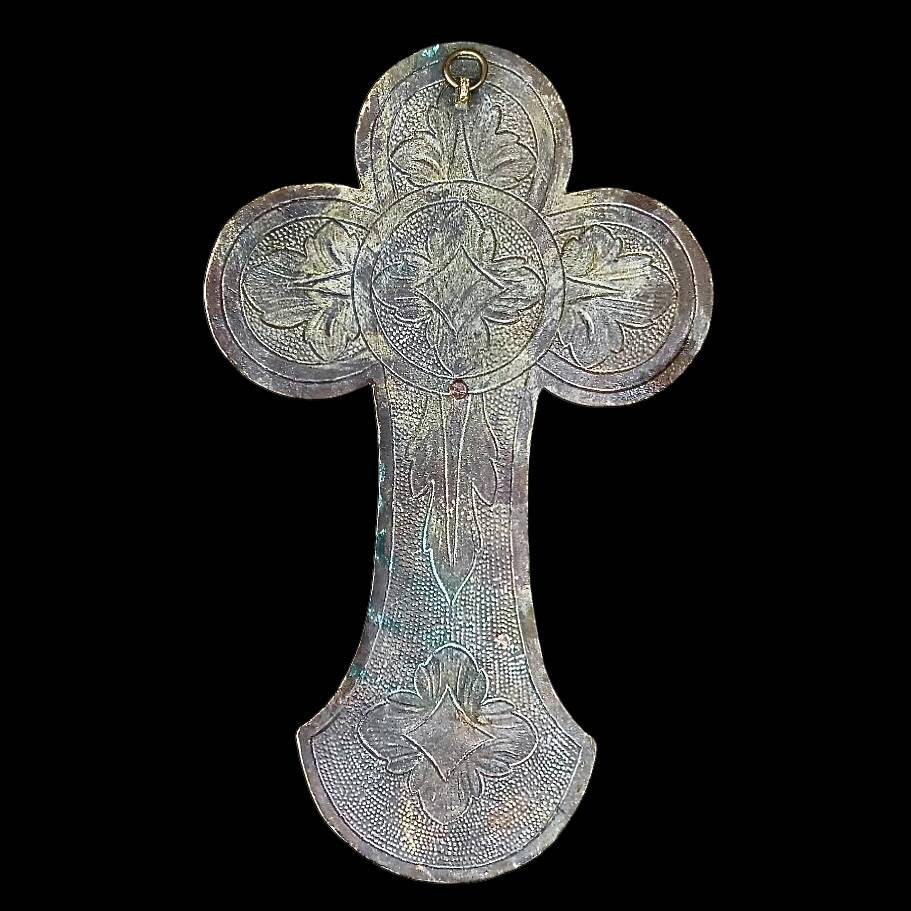 Old holy water stoup crucifix – patinated bronze