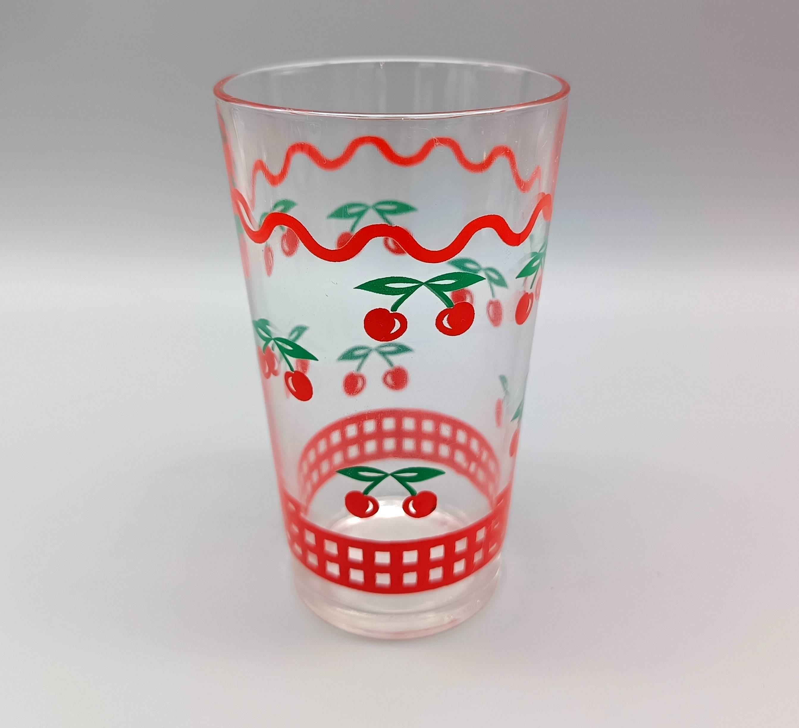 Vintage cherry ORANGEADE SET, 6 glasses and pitcher, France, VMC