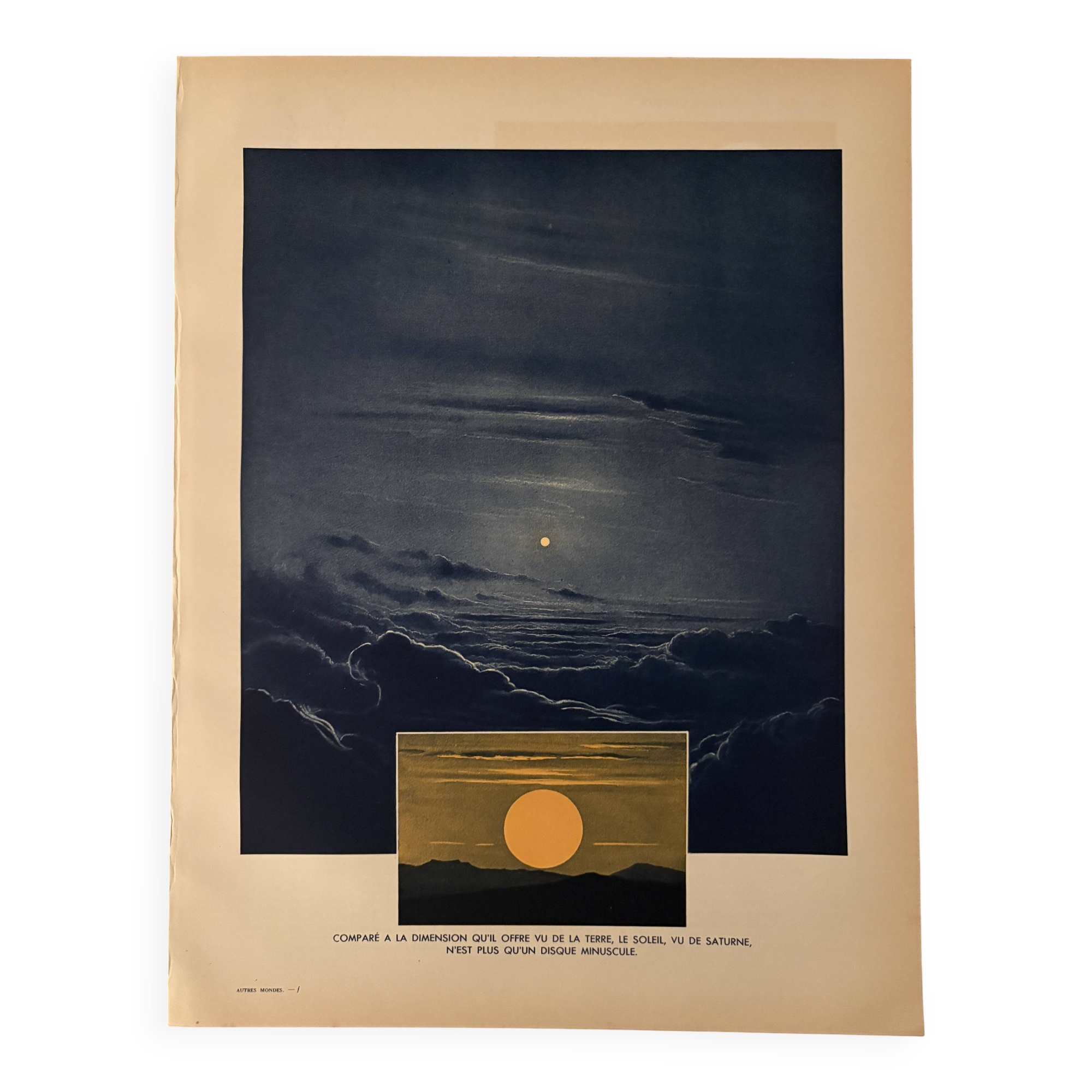 Ancienne illustration sur le soleil vu de Saturne et de la Terre – 1930