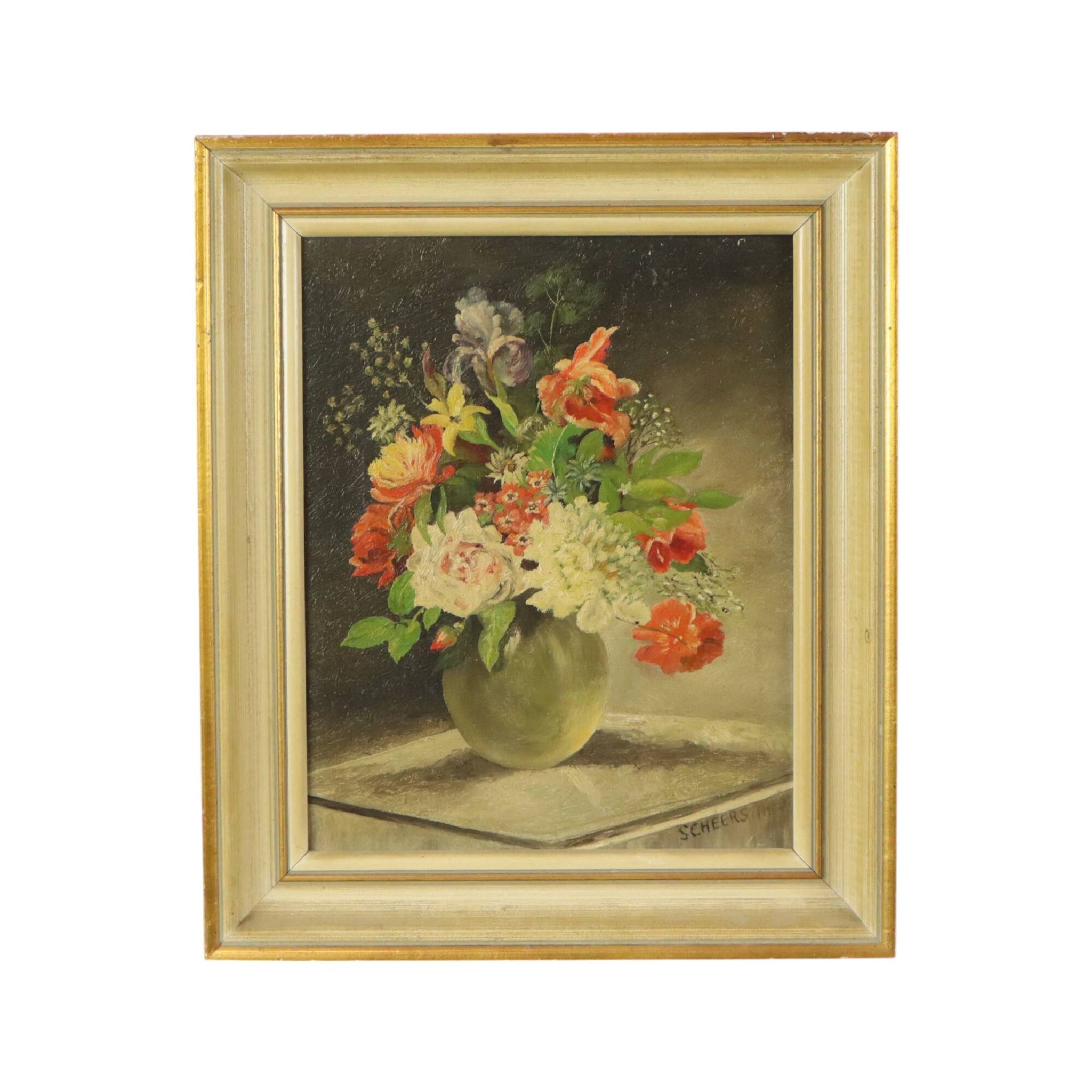 Flowers in Vase Still Life Painting Oil on Canvas Framed Signed