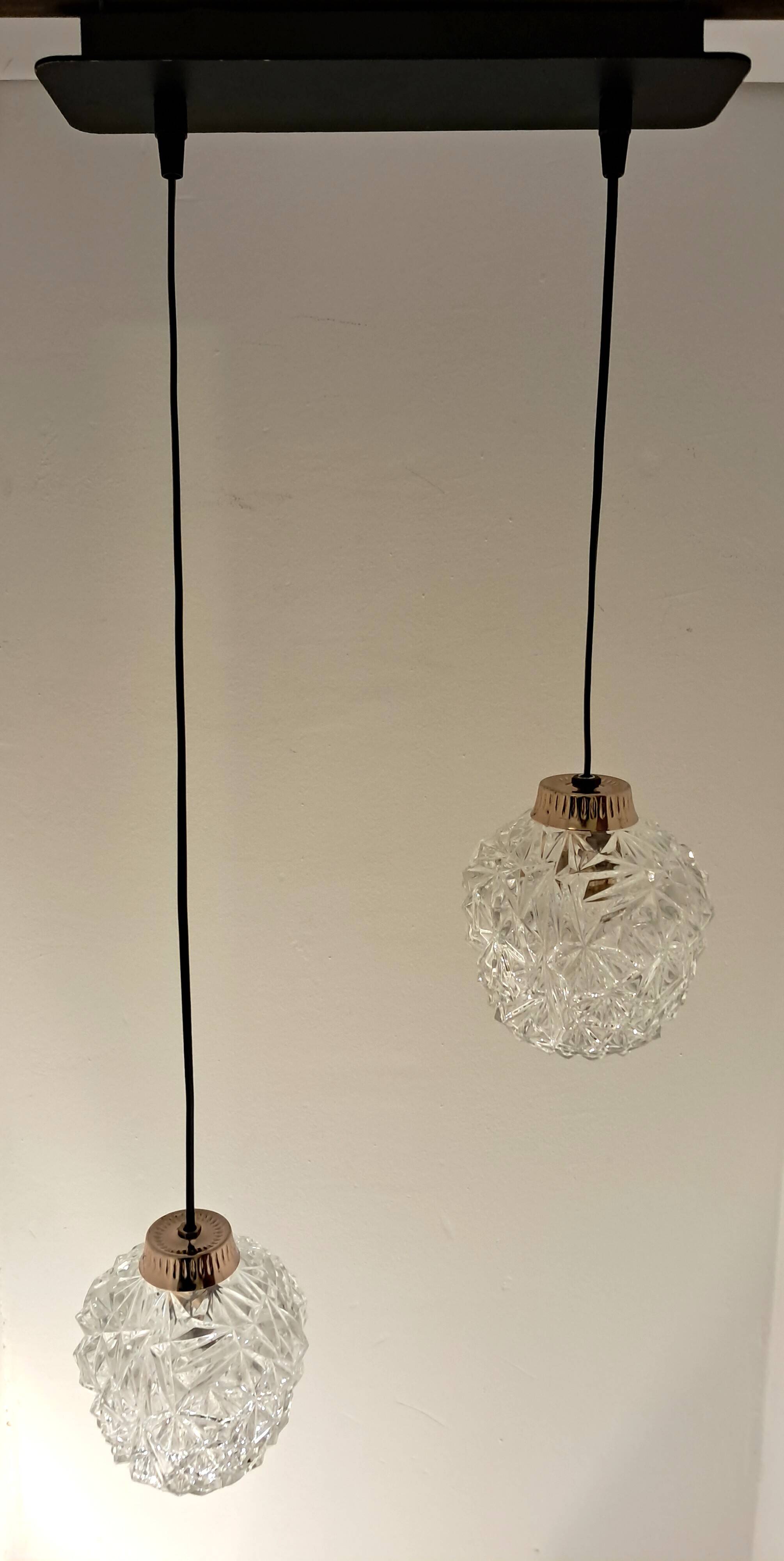 Two-light cascade pendant in gold-plated brass and molded glass