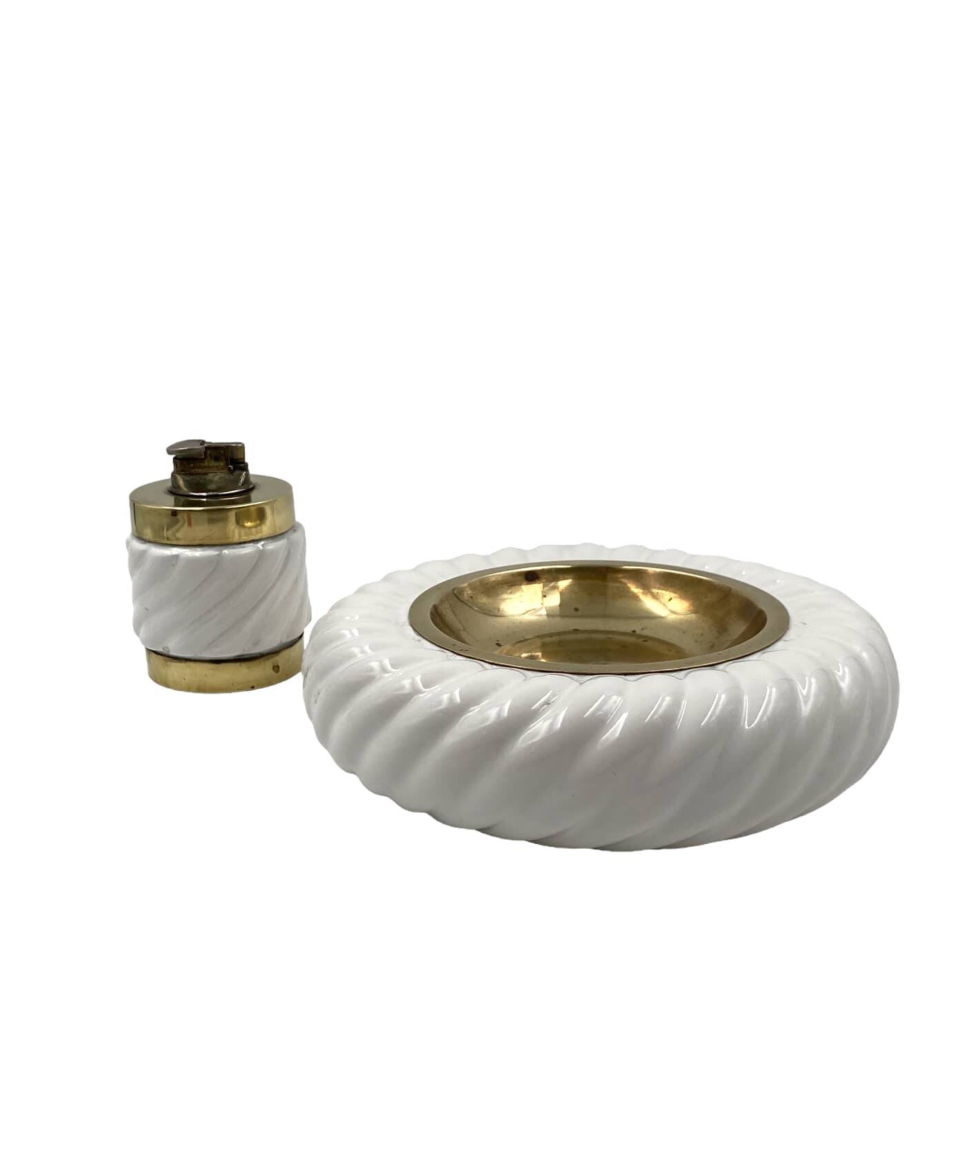 Tommaso Barbi, Smoking set white ashtray and table lighter, B Ceramiche, ca. 1970