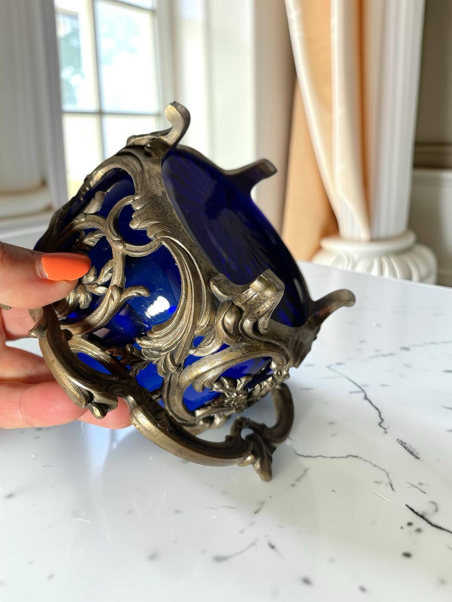 Antique cobalt blue glass biscuit barrel with ornate metal – Louis style