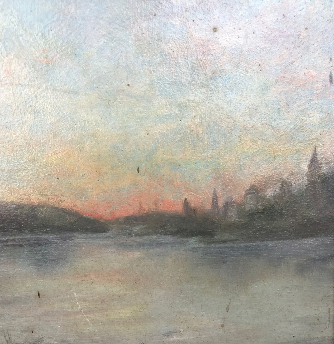 Hule on framed panel, "Dreaming at the water's edge", late 19th century.