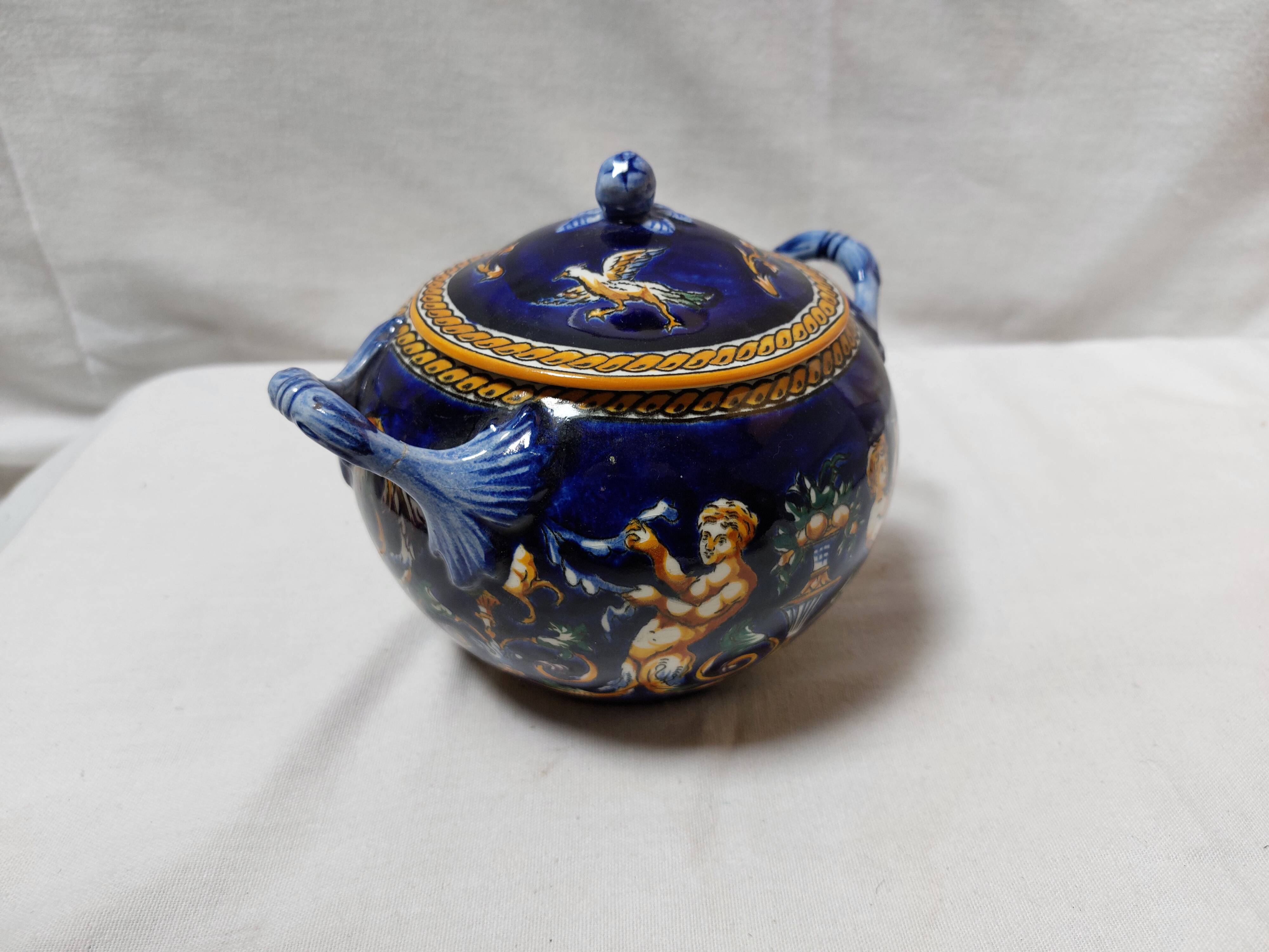 Large Gien blue sugar bowl or candy dish, Renaissance model