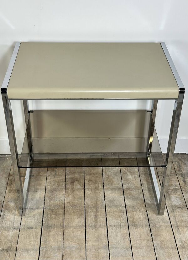 Meuble d'appoint vintage 70'S en métal chromé et beige