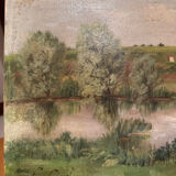 Antique painting, landscape with pond, signed and dated 1895