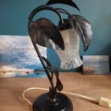 Bedside lamp black metal leaves tulip frosted glass