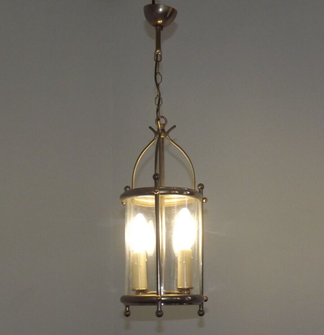 French vintage silver finished brass cylindrical glass 2 light hall lantern 3929