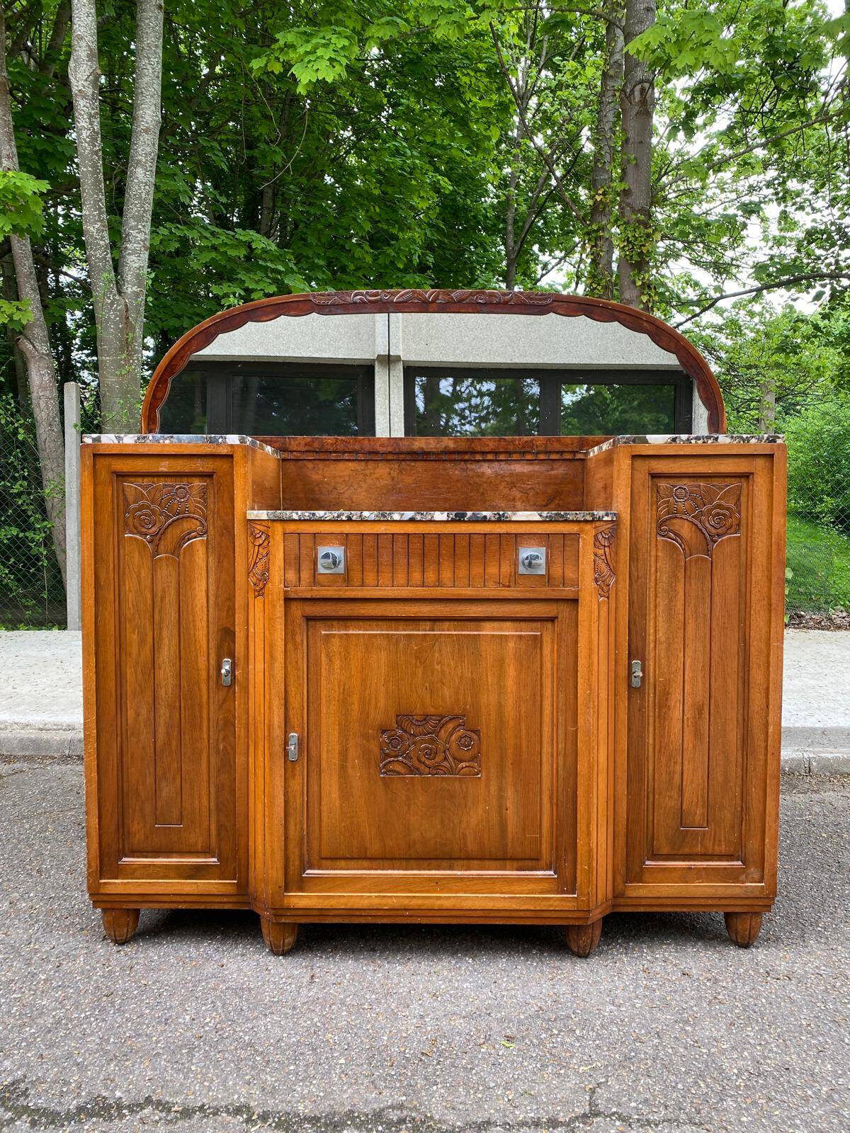 Art Deco 1930s marble and solid oak wood mirror sideboard