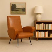 Small vintage armchair in faux leather, metal and brass, 1950s-1960s design.