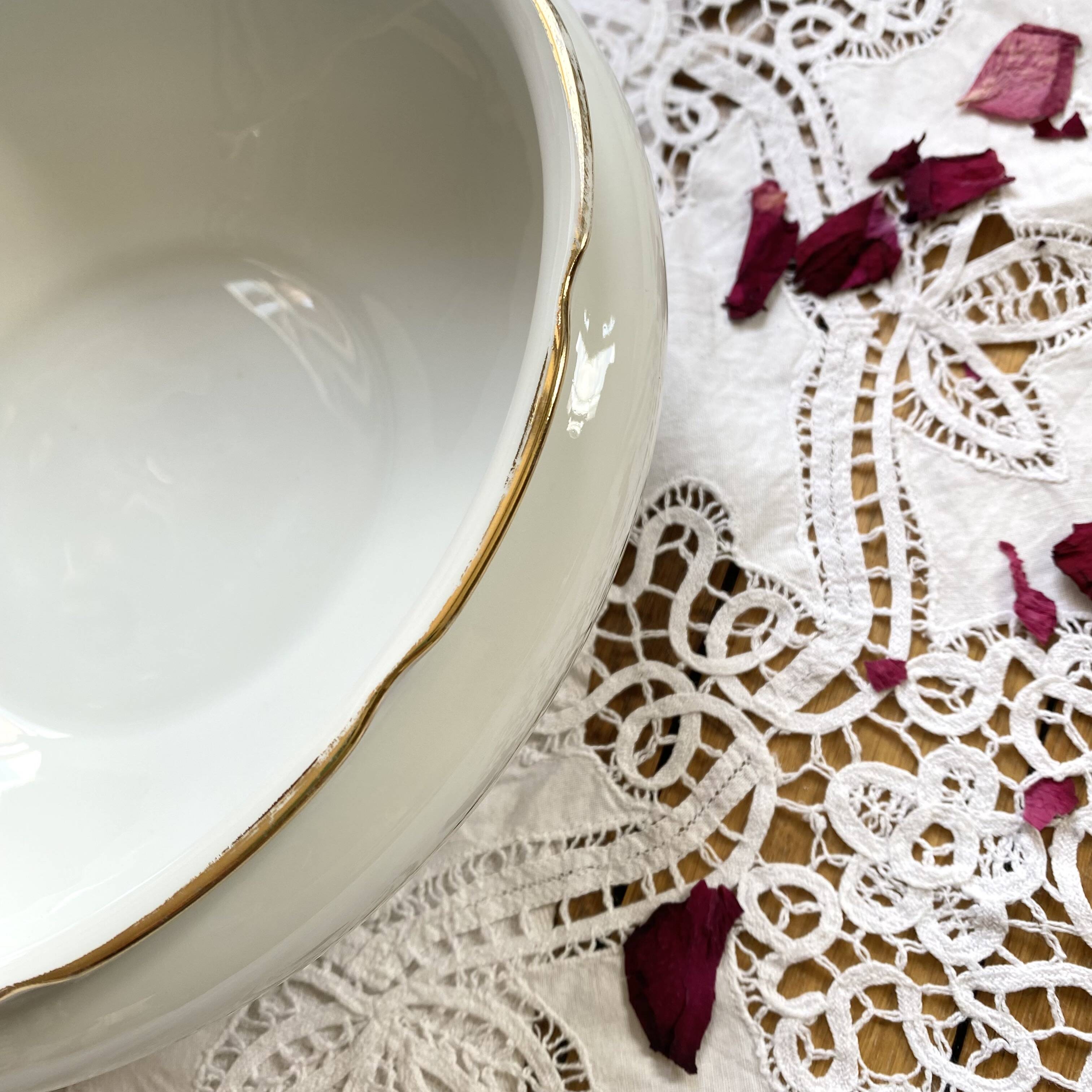 Salad bowl with gilding, vintage Sologne Lamotte porcelain