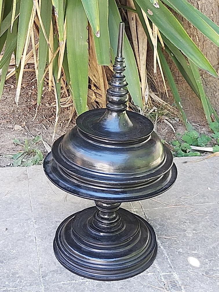 Ancient Burmese laywood offering pot