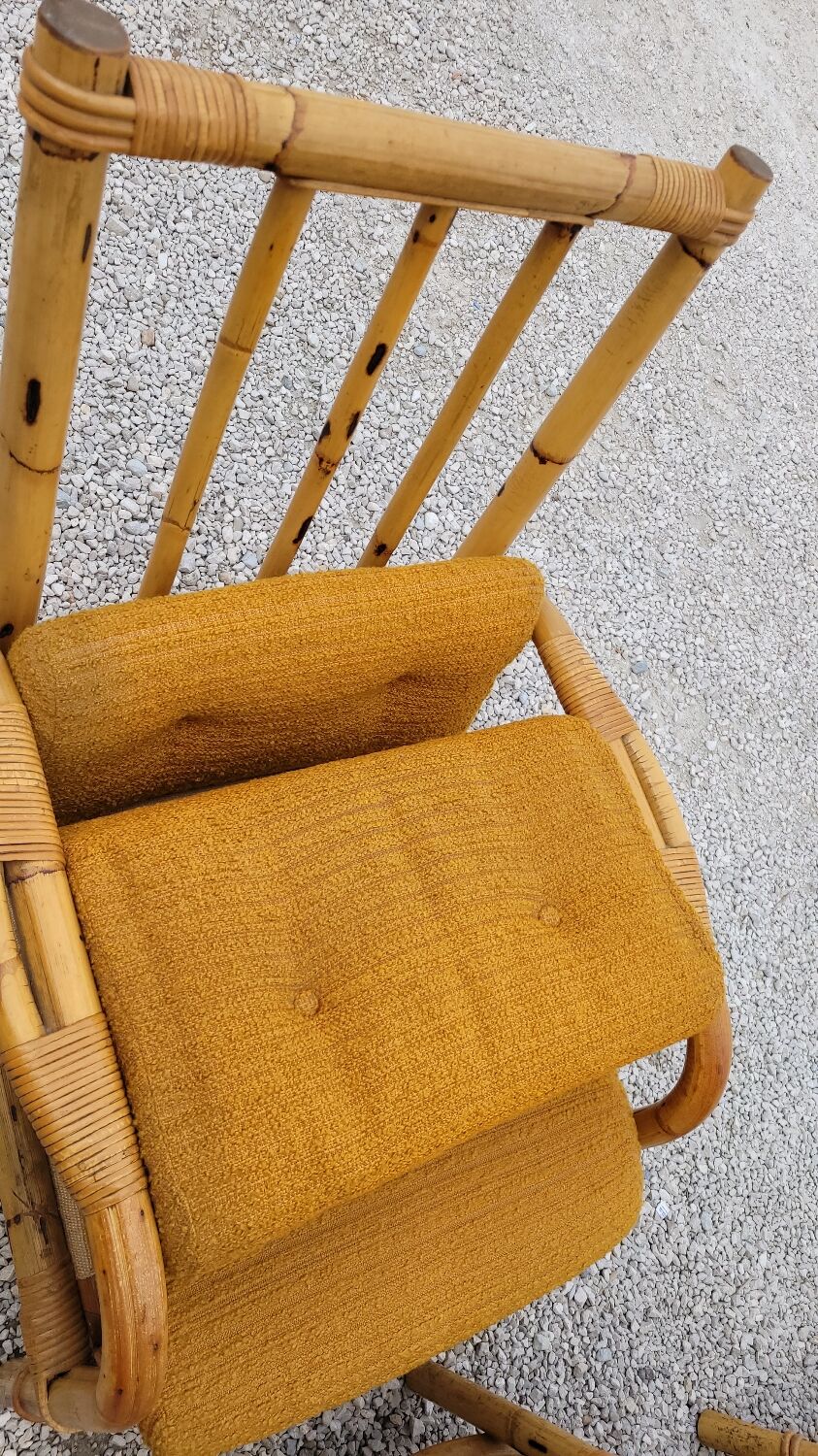 Salon canapé, 2 fauteuils et table basse en rotin vintage fabrication 1950