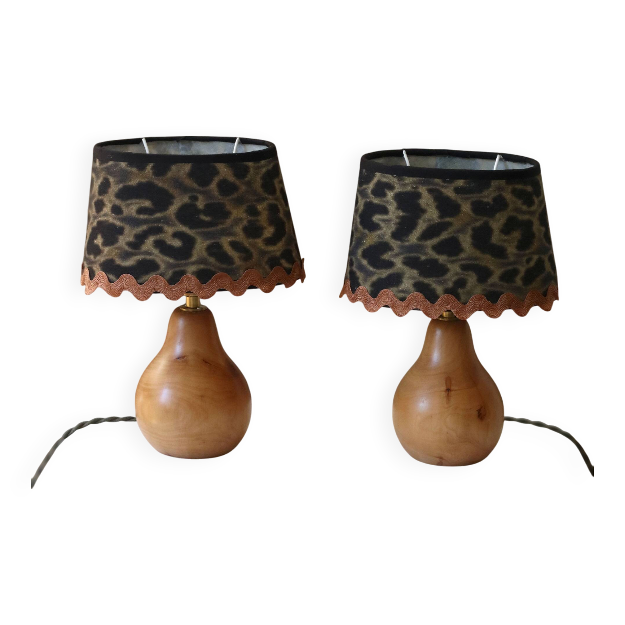 Pair of pear wood bedside lamps with leopard shades