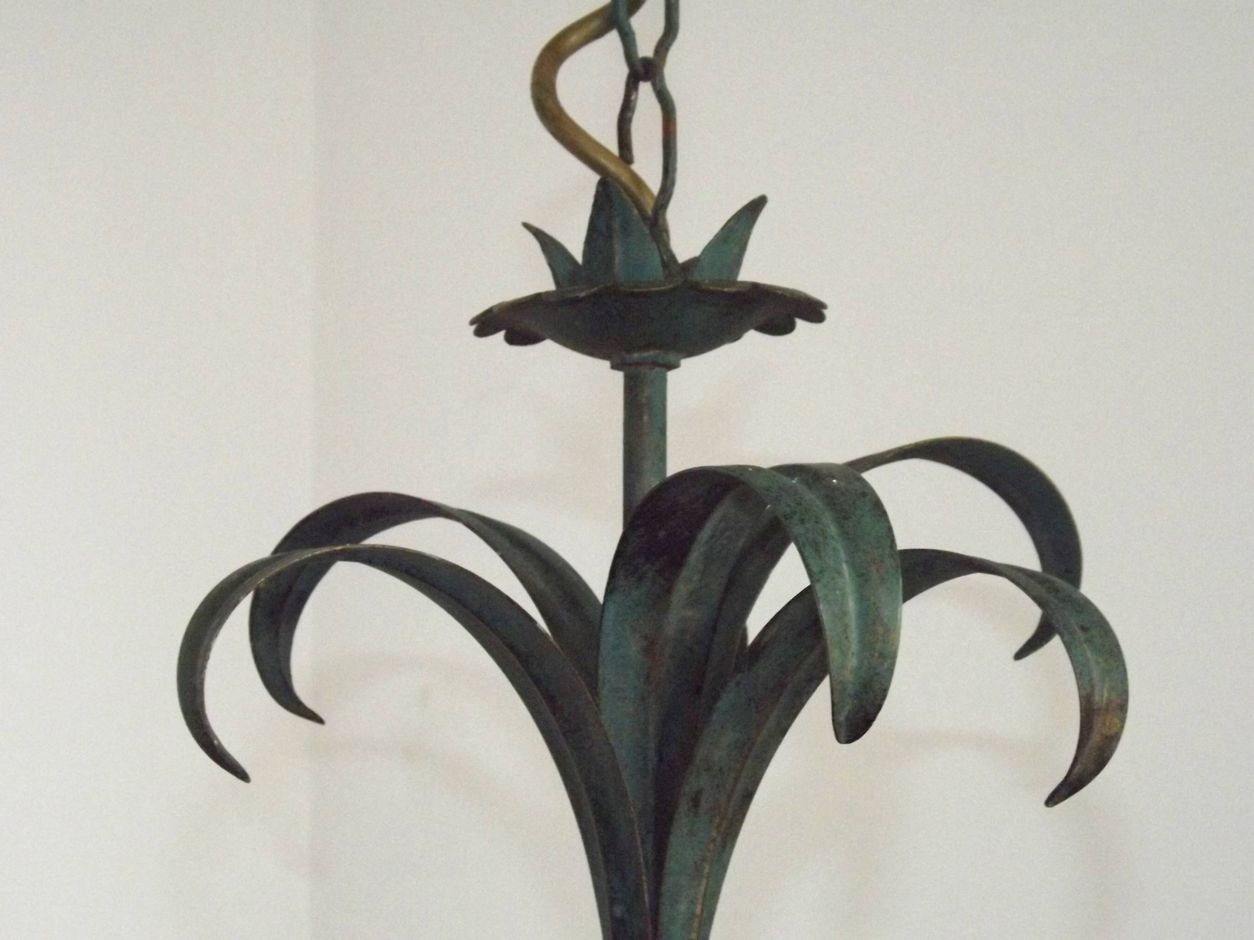 French vintage chandelier 3 lights green leaf amber glass 4966