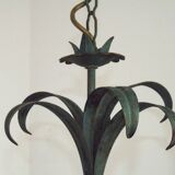 Vintage French Chandelier 3 Lights Green Leaves Amber Glass 4966