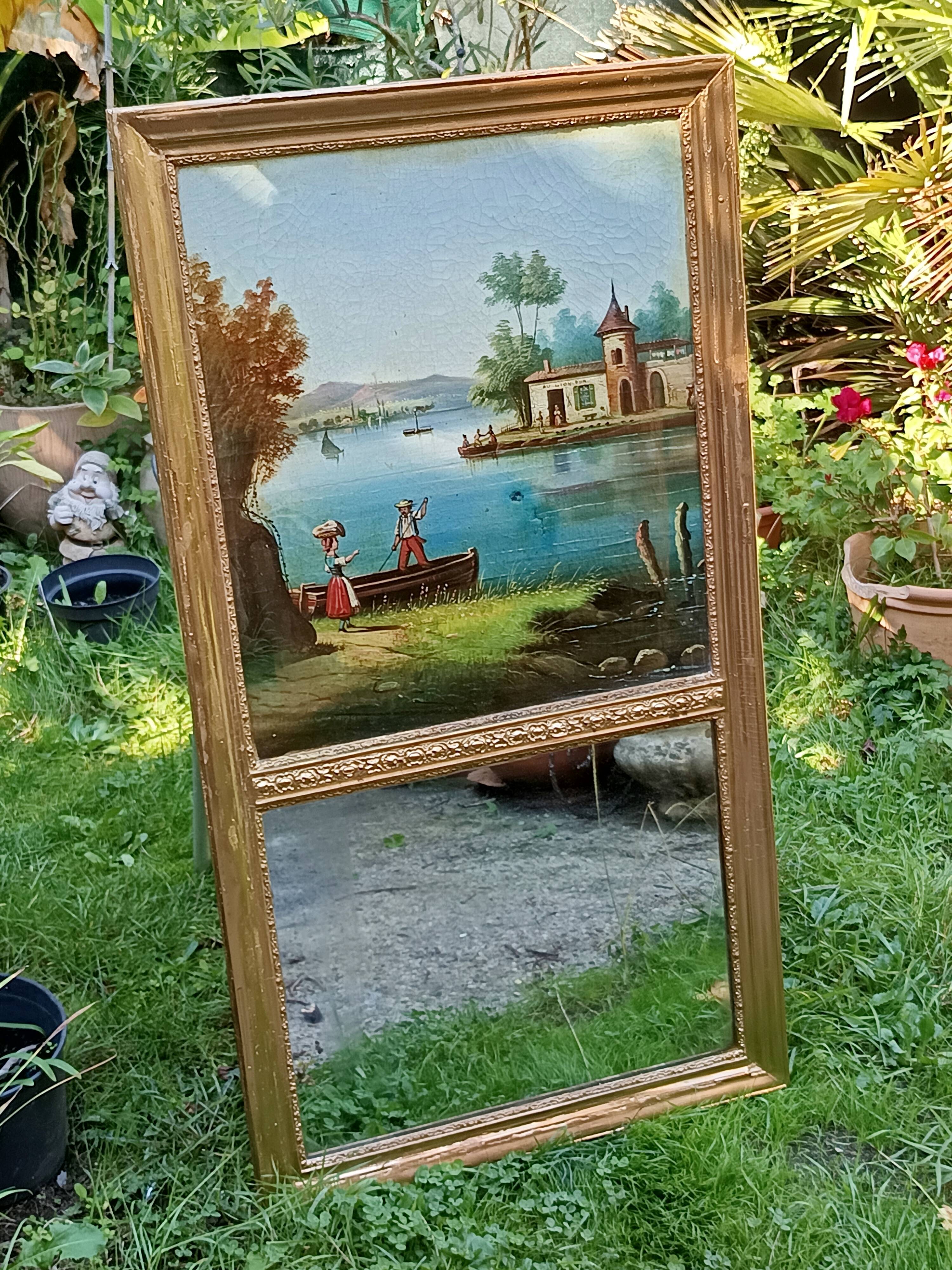 Antique trumeau with romantic decor, oil on canvas, mirror, late 19th and early 20th century