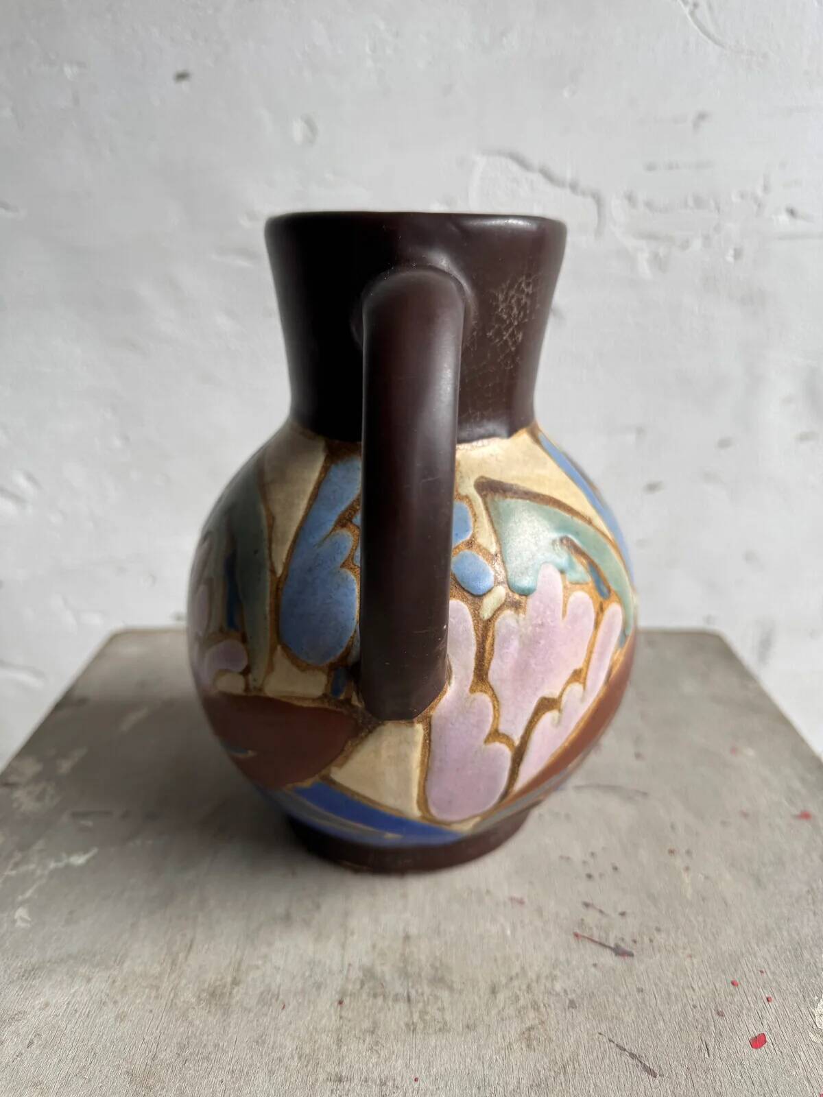 Vintage C.M. Bergen Hand-Painted Ceramic Vase — Brown & Pastel Floral Glazed Pitcher, 21cm
