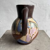 Vintage C.M. Bergen Hand-Painted Ceramic Vase — Brown & Pastel Floral Glazed Pitcher, 21cm