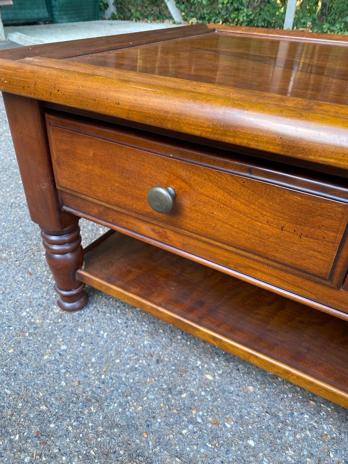 Solid cherry coffee table with 3 drawers in Louis Philippe style, 1980.