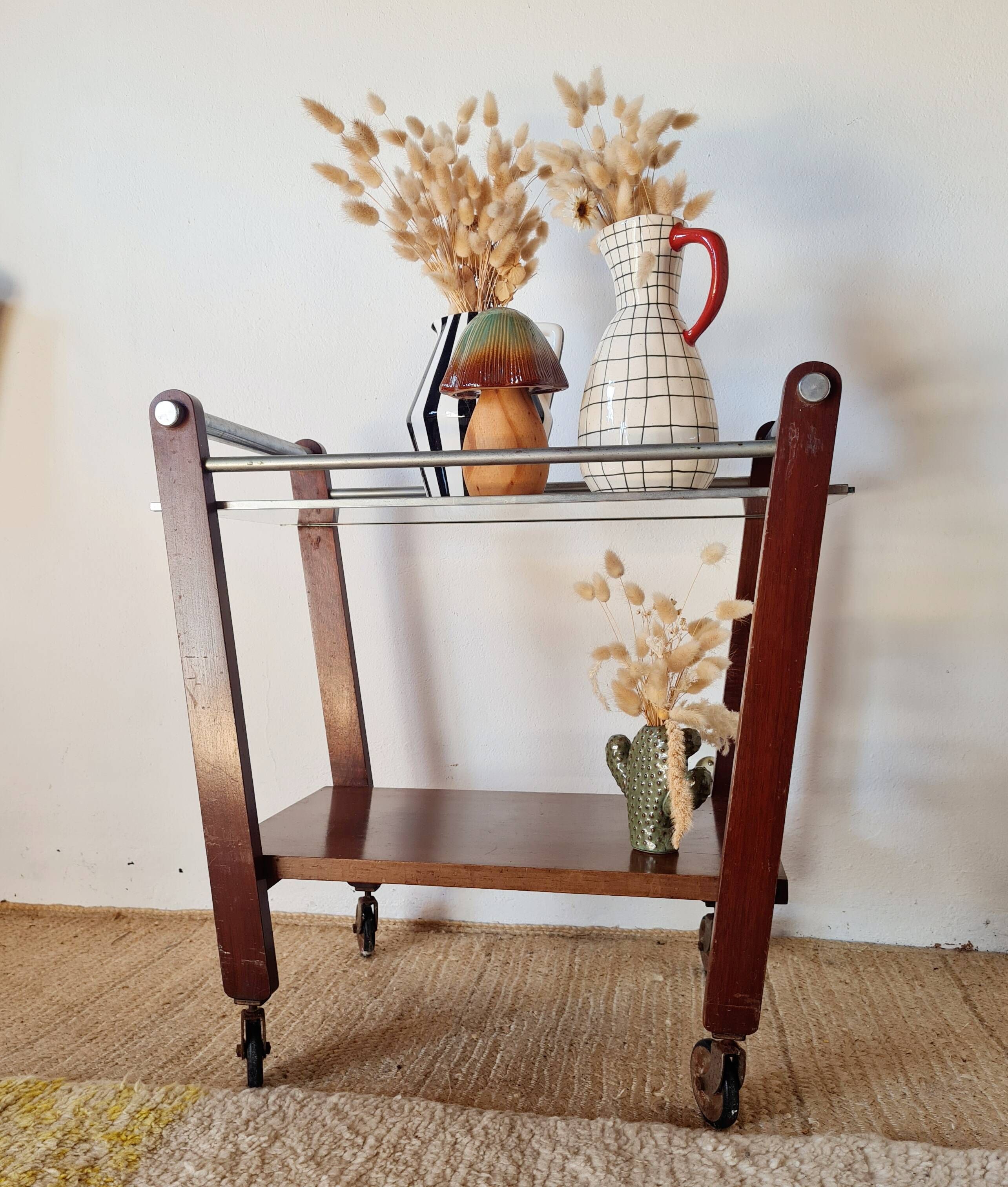 Vintage wooden and metal side table | Retro rolling cart