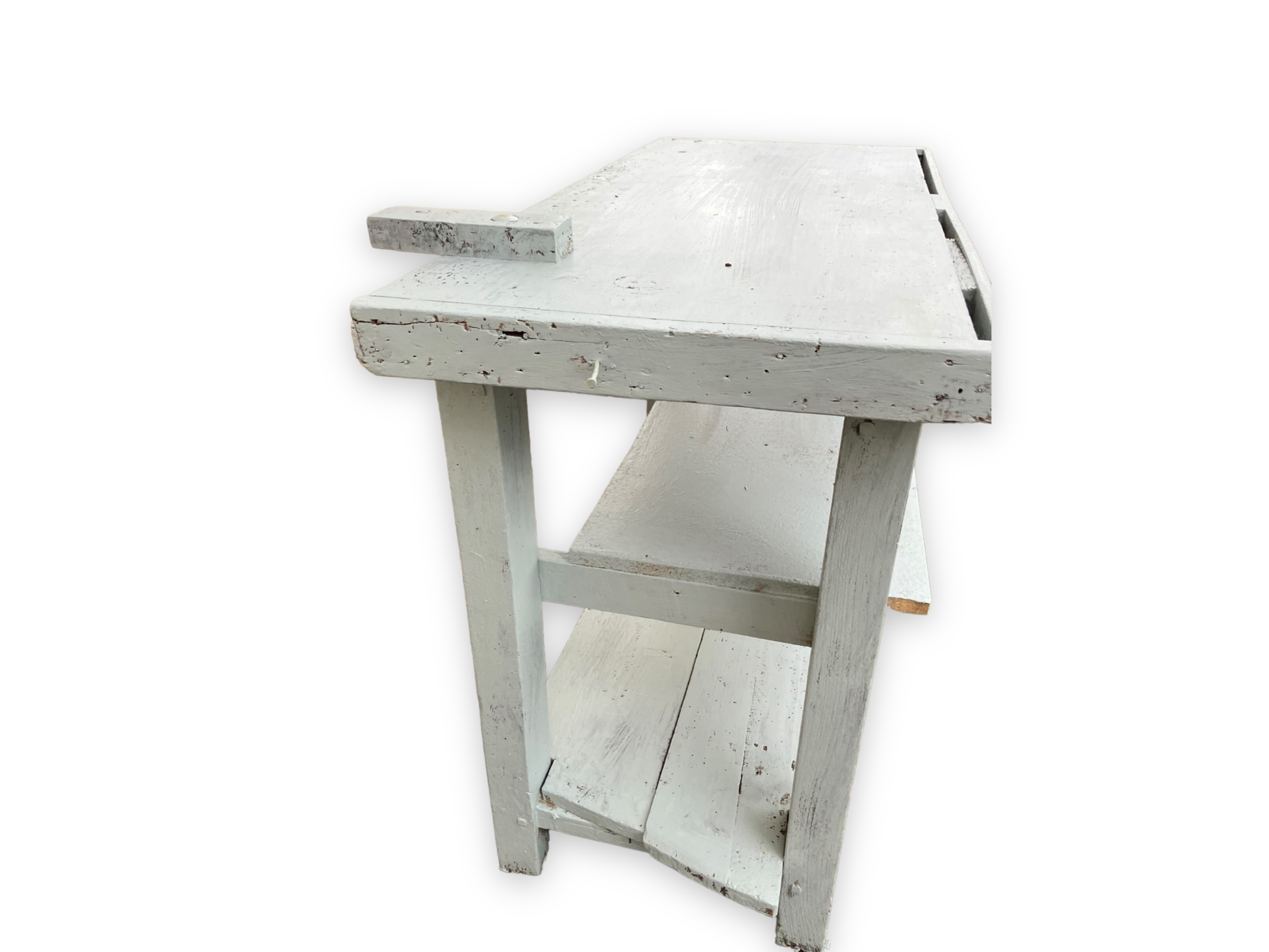 Light blue painted wooden workbench